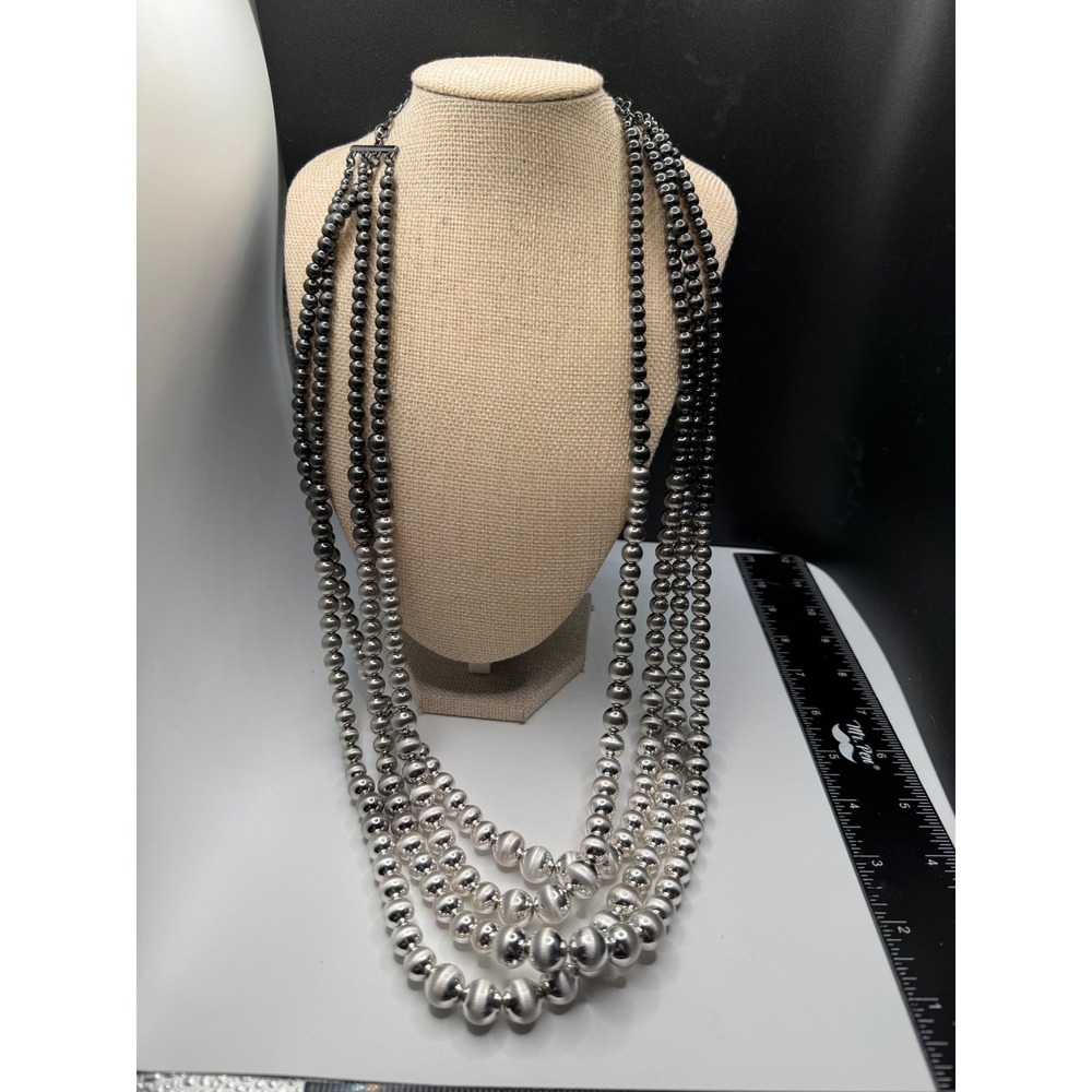 Multi Strand Ombre Beaded Statement Necklace Gunmetal Silver Tone‎ Crown Charm